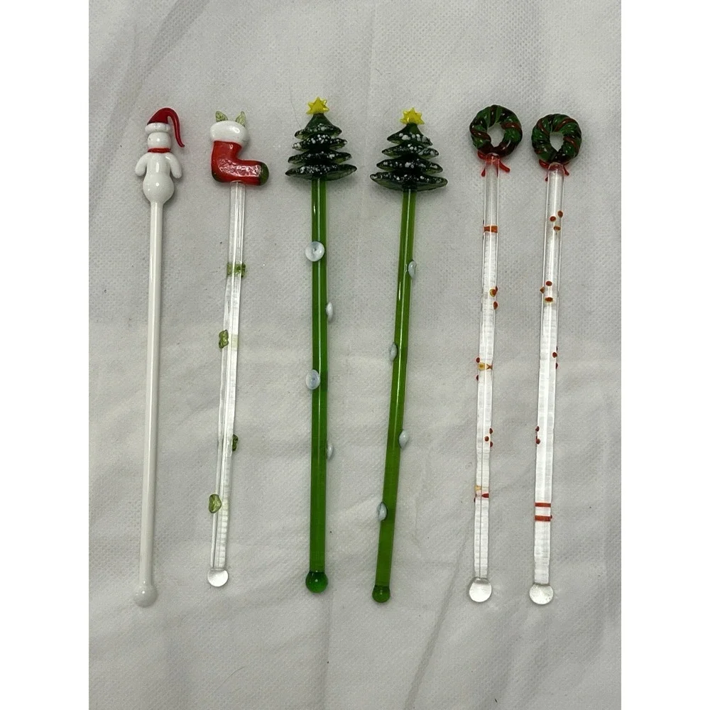 Vintage Hand Blown Glass Christmas Swizzle Sticks Cocktail Stirrers Set of 6